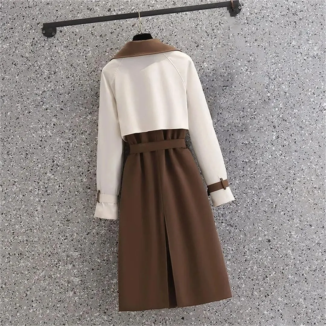 Women Autumn Korean Mid-Length Trench Coat Contrast Color Patchwork Spring Windbreaker Coat Windproof Jacket