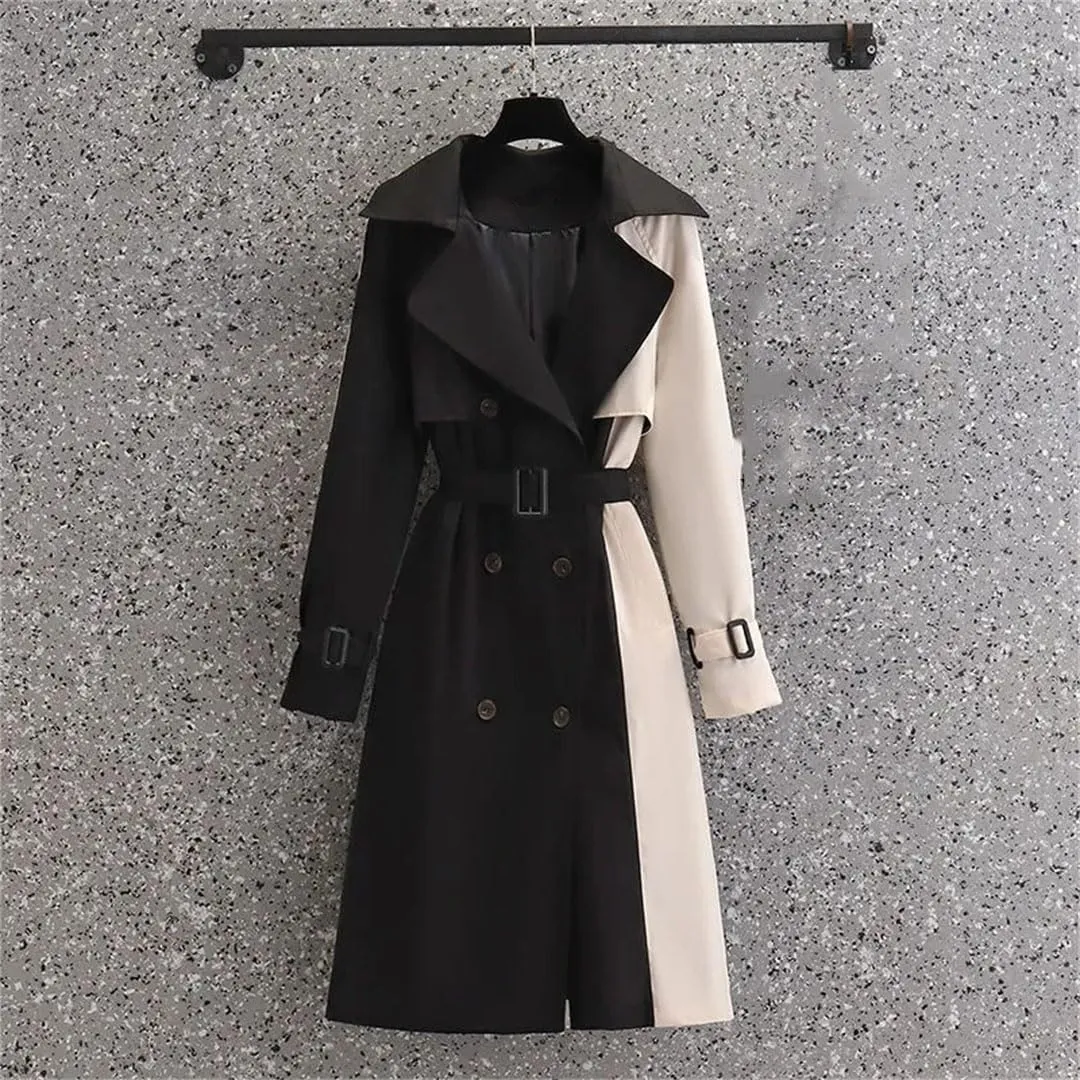 Women Autumn Korean Mid-Length Trench Coat Contrast Color Patchwork Spring Windbreaker Coat Windproof Jacket