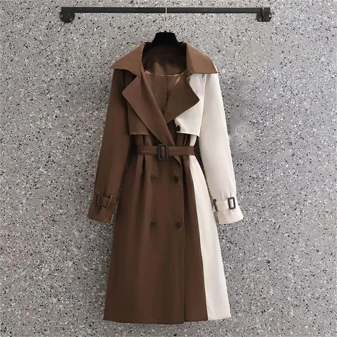 Women Autumn Korean Mid-Length Trench Coat Contrast Color Patchwork Spring Windbreaker Coat Windproof Jacket