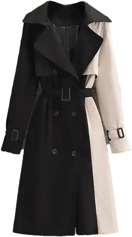 Women Autumn Korean Mid-Length Trench Coat Contrast Color Patchwork Spring Windbreaker Coat Windproof Jacket