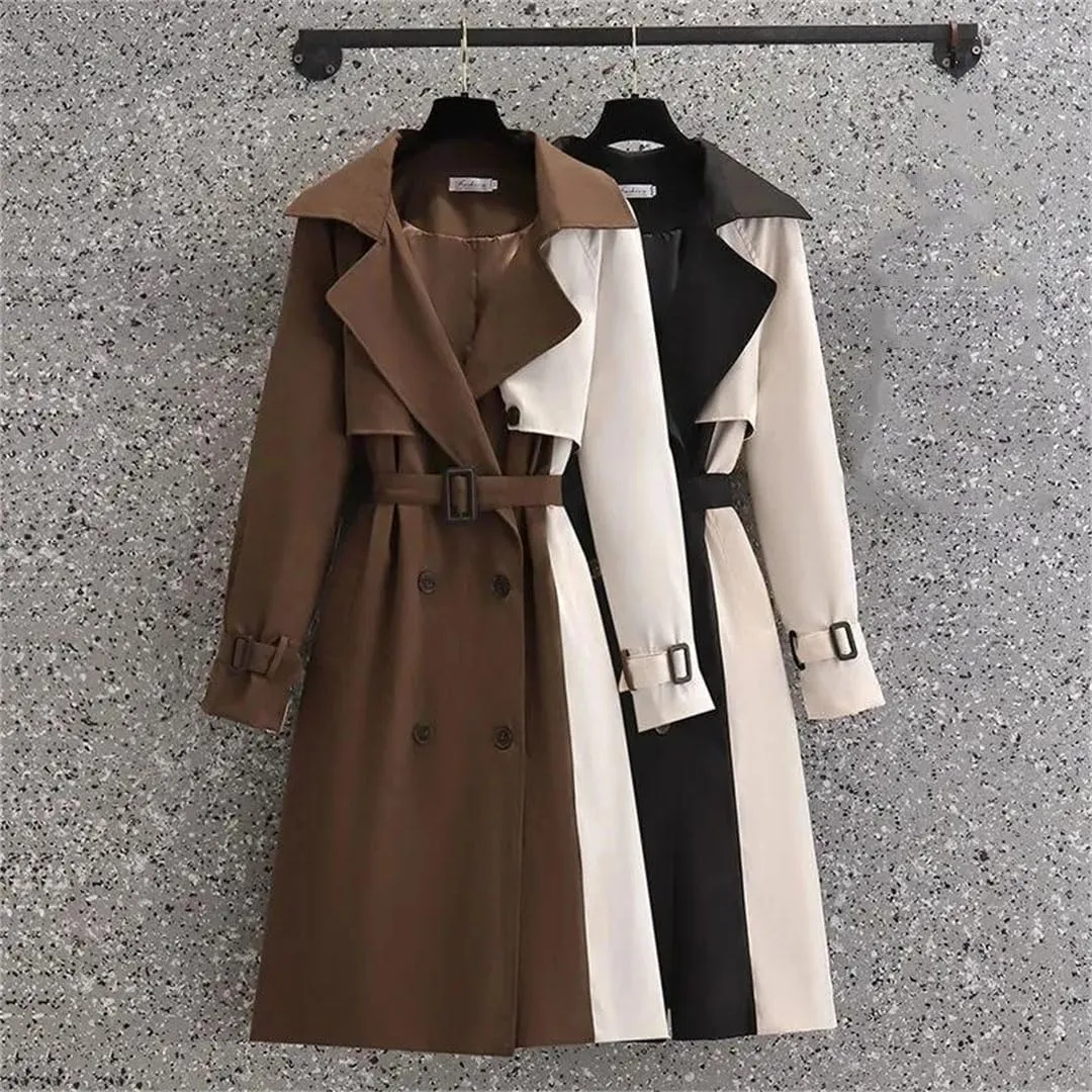 Women Autumn Korean Mid-Length Trench Coat Contrast Color Patchwork Spring Windbreaker Coat Windproof Jacket