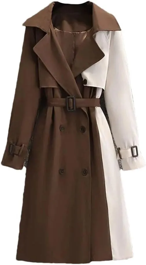 Women Autumn Korean Mid-Length Trench Coat Contrast Color Patchwork Spring Windbreaker Coat Windproof Jacket