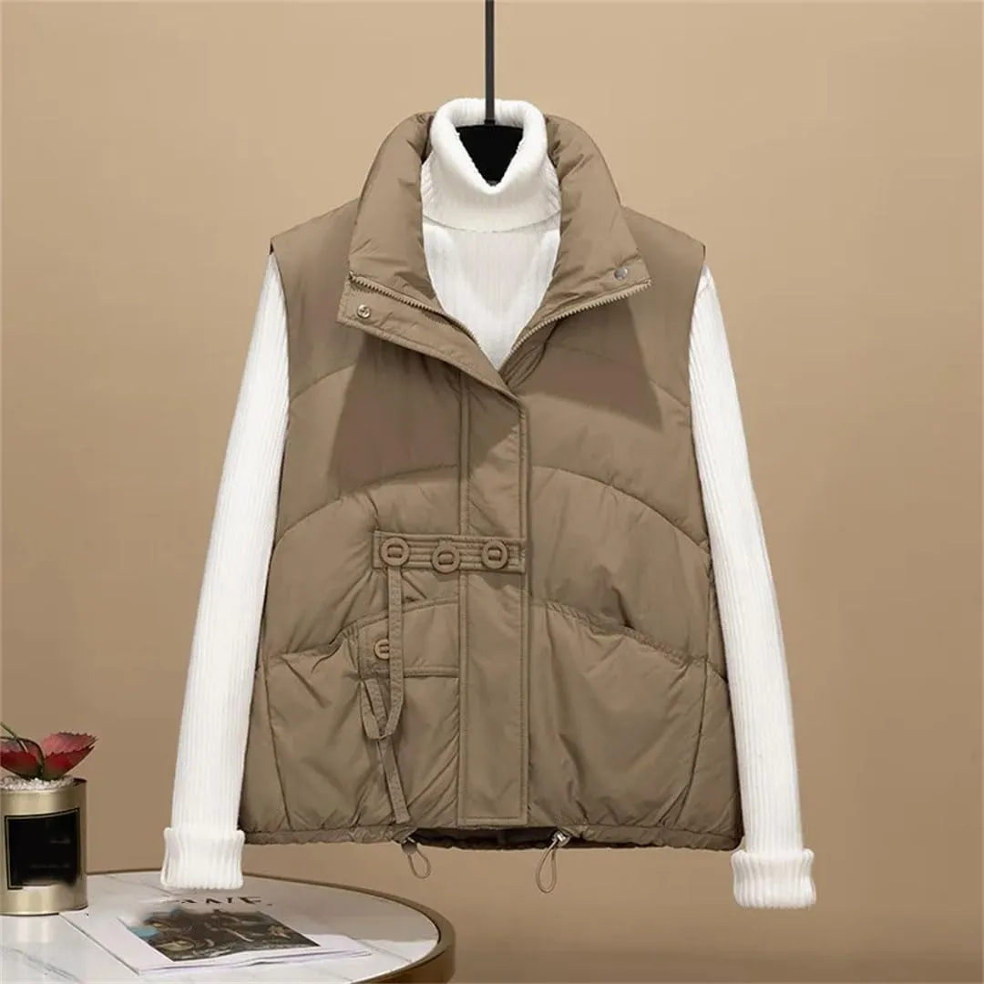 Women Autumn Winter Loose Vest Stand Collar Vest Jacket Cotton Padded Windproof Warm Waistcoat