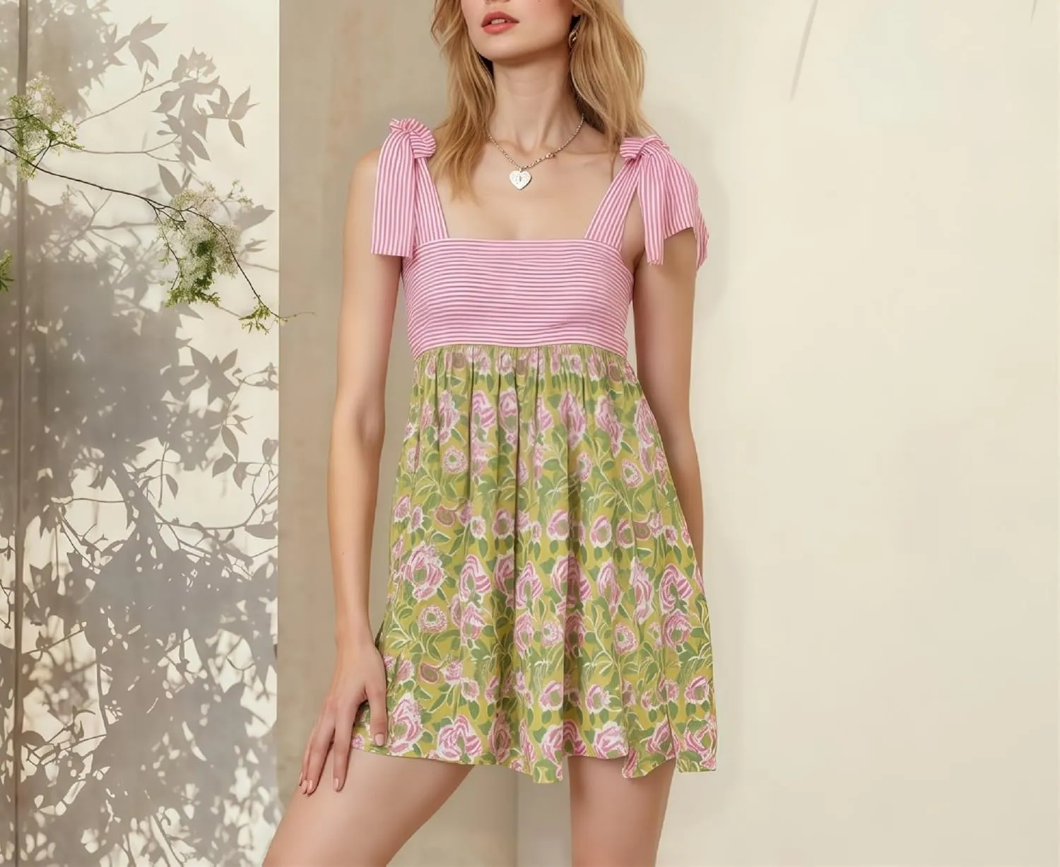 Women Boho Floral Short Dress Tie Shoulder Sleeveless Dress Flowy Babydoll Mini Dresses Summer Holiday Sundress