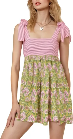 Women Boho Floral Short Dress Tie Shoulder Sleeveless Dress Flowy Babydoll Mini Dresses Summer Holiday Sundress