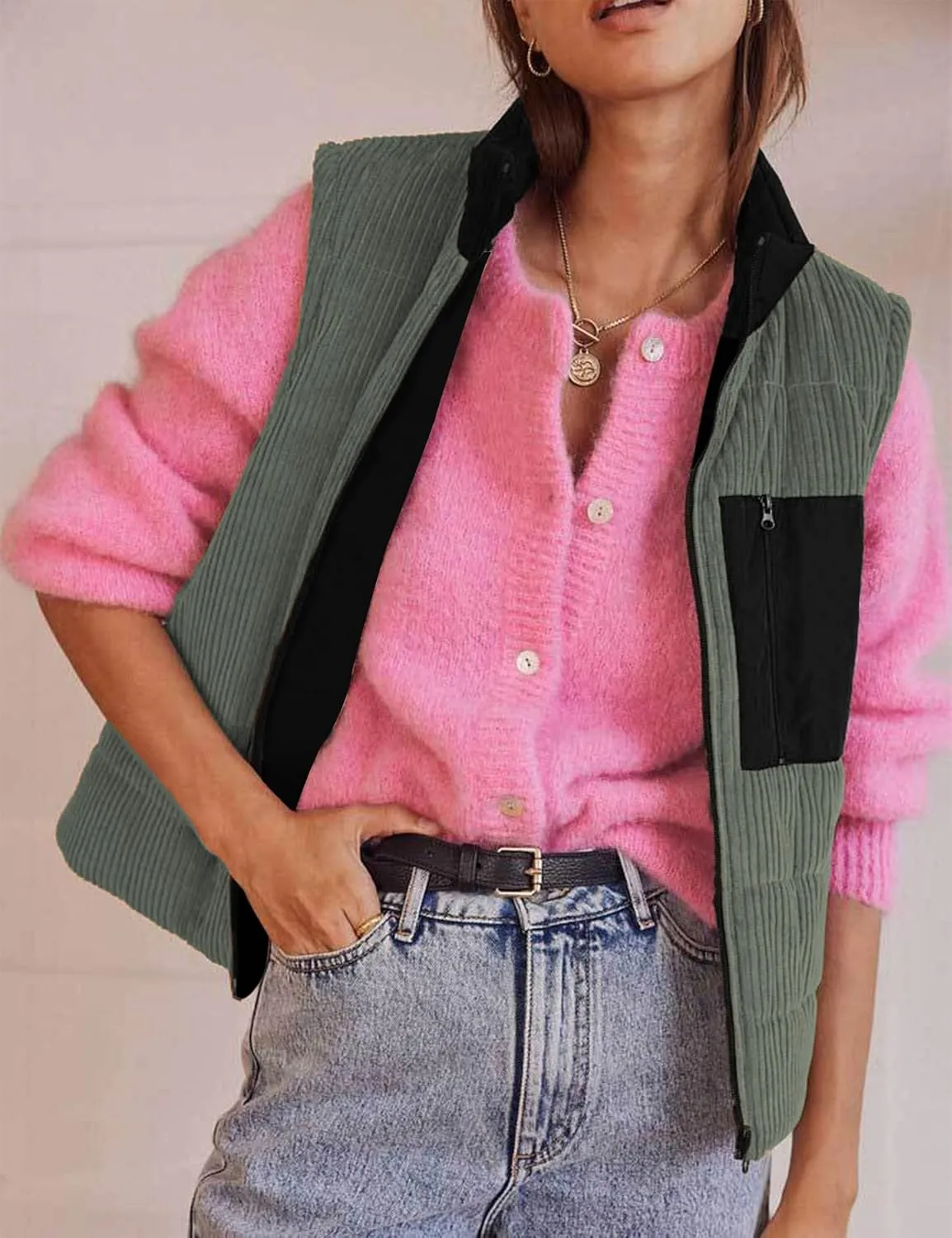 Women Corduroy Puffer Vest Cropped Sleeveless Jacket Puffy Stand Collar Gilet Coat Zip Up Outwear with Pockets