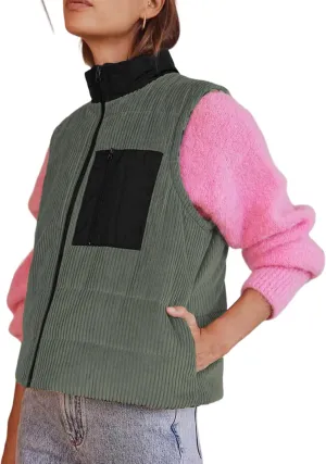 Women Corduroy Puffer Vest Cropped Sleeveless Jacket Puffy Stand Collar Gilet Coat Zip Up Outwear with Pockets