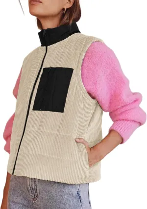 Women Corduroy Puffer Vest Cropped Sleeveless Jacket Puffy Stand Collar Gilet Coat Zip Up Outwear with Pockets