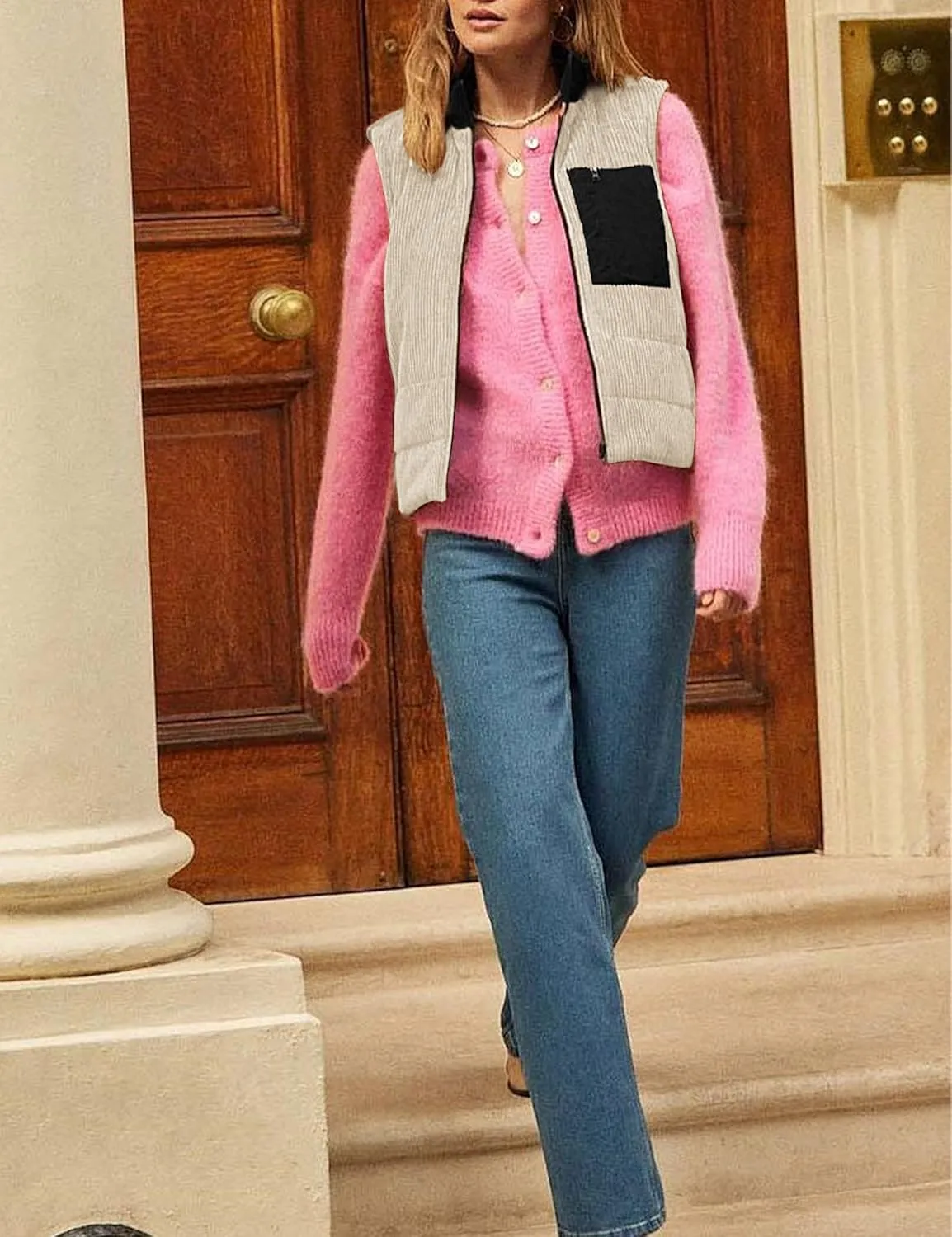 Women Corduroy Puffer Vest Cropped Sleeveless Jacket Puffy Stand Collar Gilet Coat Zip Up Outwear with Pockets