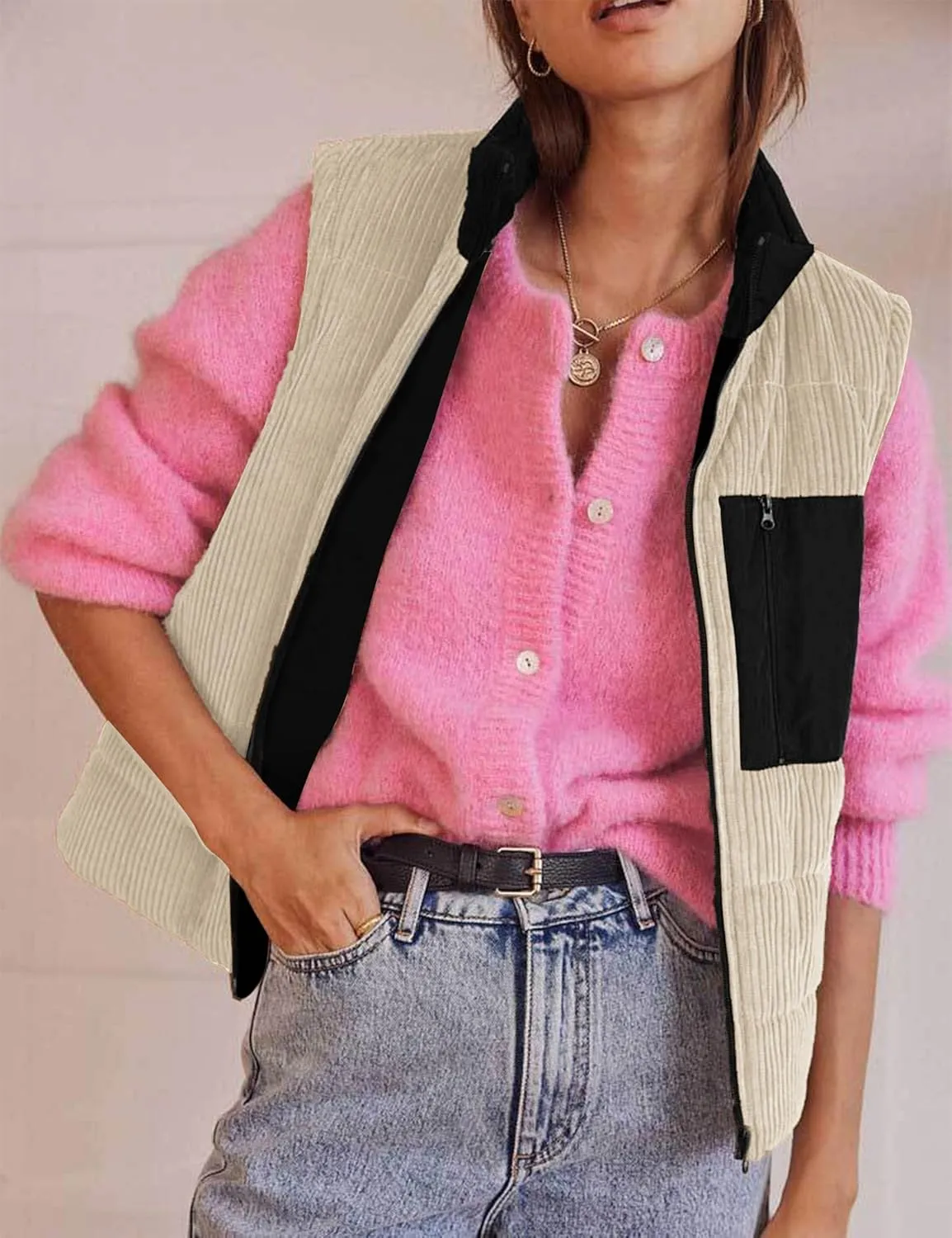 Women Corduroy Puffer Vest Cropped Sleeveless Jacket Puffy Stand Collar Gilet Coat Zip Up Outwear with Pockets