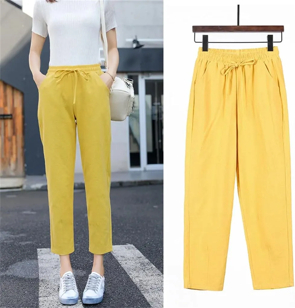 Women Cotton Elastic Waist Solid Color Harem Trousers Casual Ankle-Length Female Pants