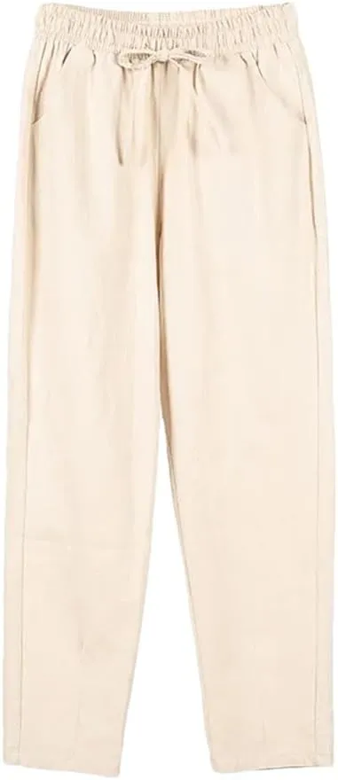 Women Cotton Elastic Waist Solid Color Harem Trousers Casual Ankle-Length Female Pants
