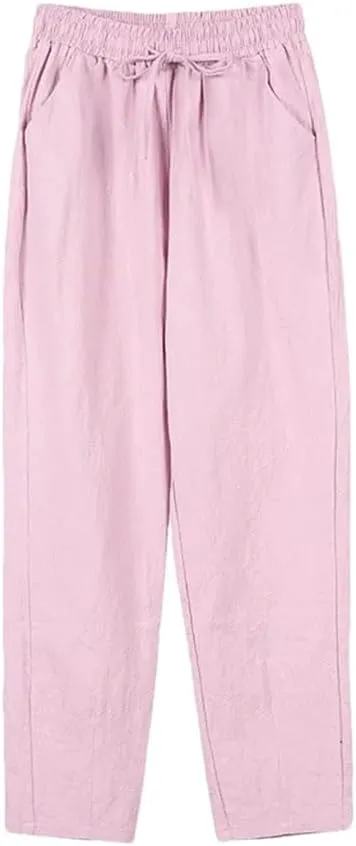 Women Cotton Elastic Waist Solid Color Harem Trousers Casual Ankle-Length Female Pants