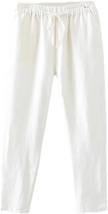 Women Cotton Elastic Waist Solid Color Harem Trousers Casual Ankle-Length Female Pants