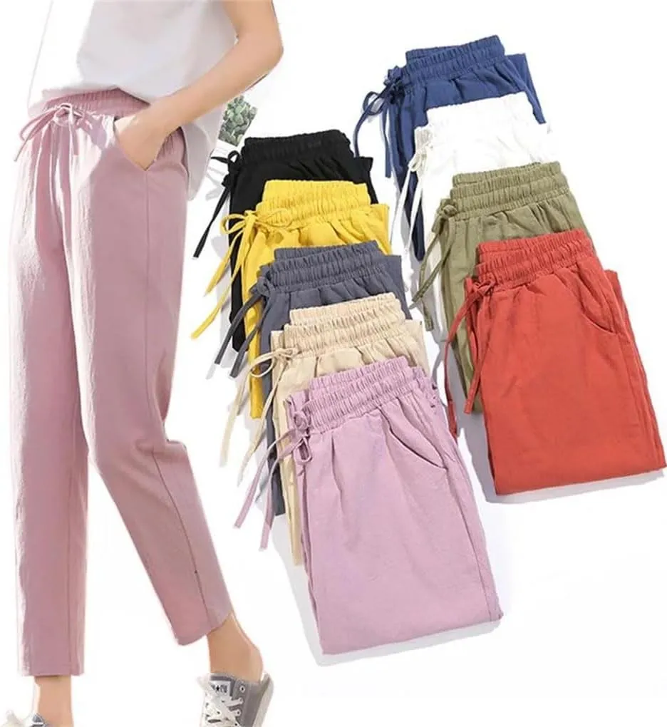 Women Cotton Elastic Waist Solid Color Harem Trousers Casual Ankle-Length Female Pants