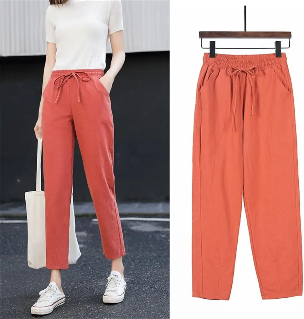 Women Cotton Elastic Waist Solid Color Harem Trousers Casual Ankle-Length Female Pants