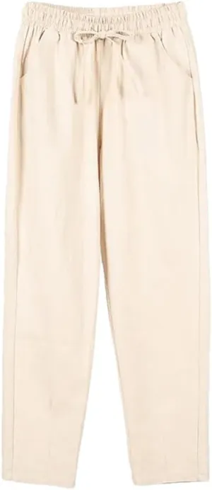 Women Cotton Elastic Waist Solid Color Harem Trousers Casual Ankle-Length Female Pants