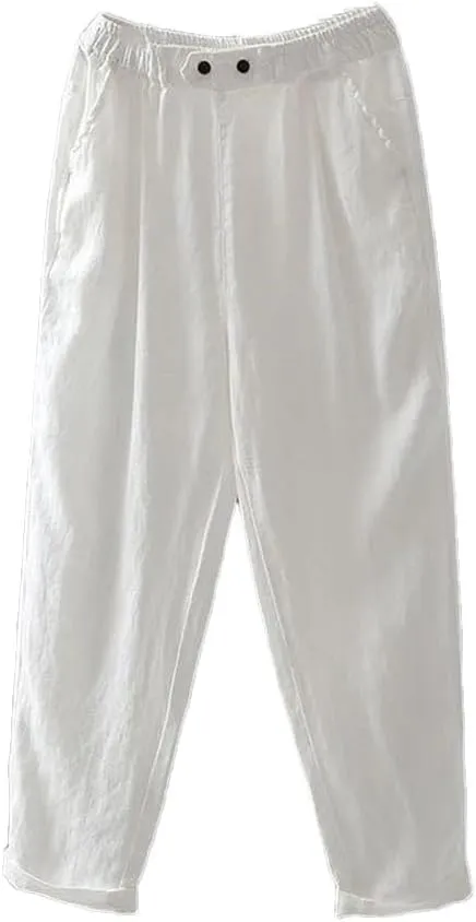Women Cotton Linen Ankle-Length Trousers Female Elastic Waist Casual Loose Solid Harem Pants