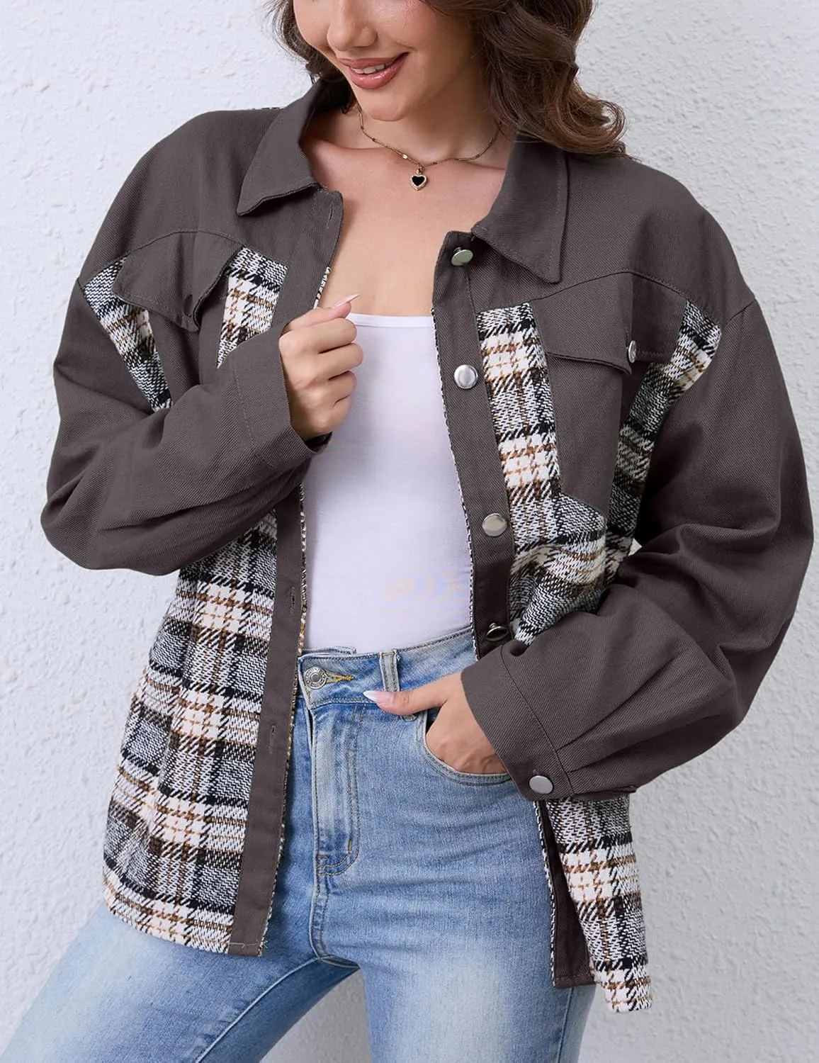 Women Denim Jean Jacket Plaid Shackets Button Down Lightweight Oversized Pocketed Coat Outfits Tops 2024 Fall