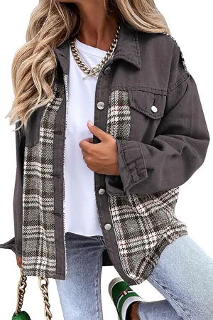 Women Denim Jean Jacket Plaid Shackets Button Down Lightweight Oversized Pocketed Coat Outfits Tops 2024 Fall