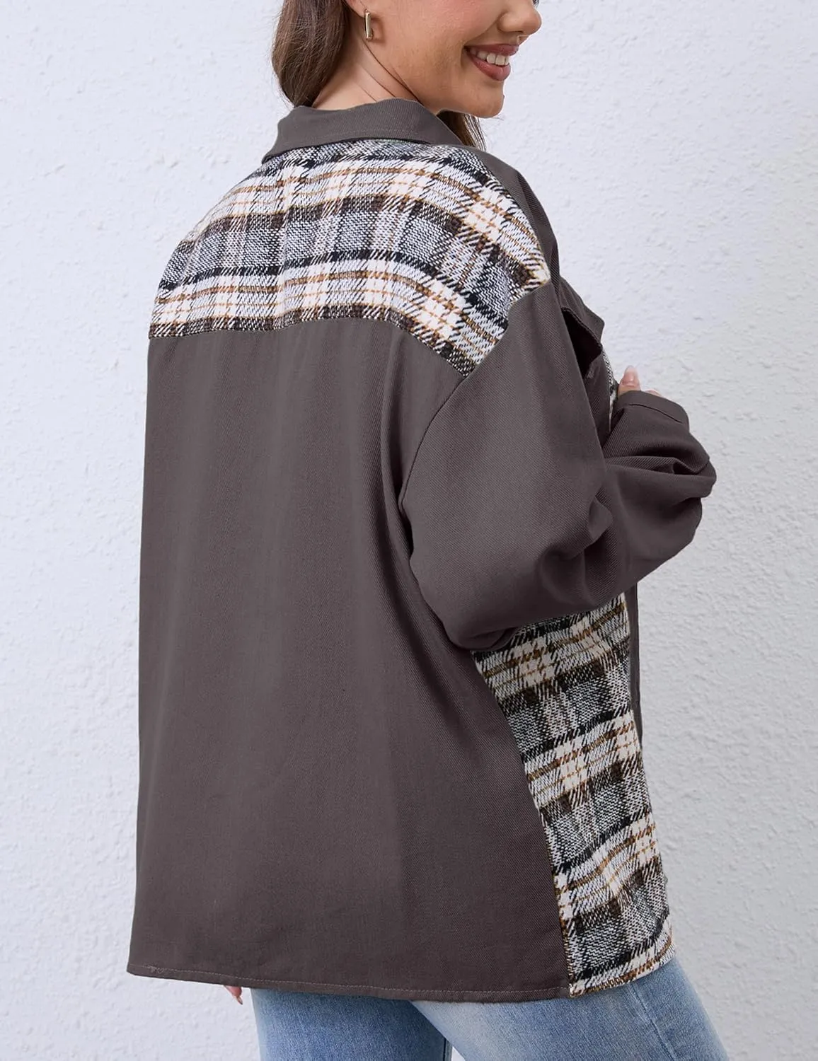 Women Denim Jean Jacket Plaid Shackets Button Down Lightweight Oversized Pocketed Coat Outfits Tops 2024 Fall