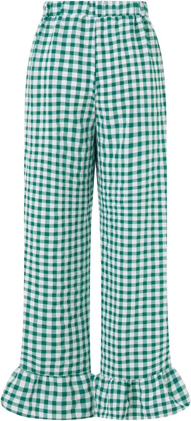 Women Elastic Waist Ruffled Plaid Pants Casual High Waist Flare Leg Gingham Trousers Y2k Loose Wide Leg Lounge Pants
