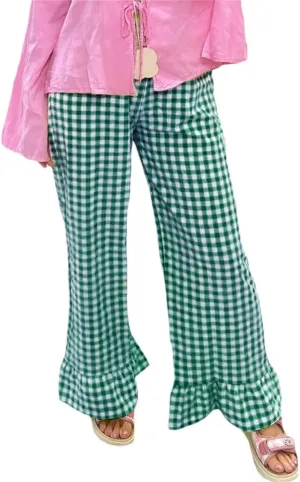 Women Elastic Waist Ruffled Plaid Pants Casual High Waist Flare Leg Gingham Trousers Y2k Loose Wide Leg Lounge Pants