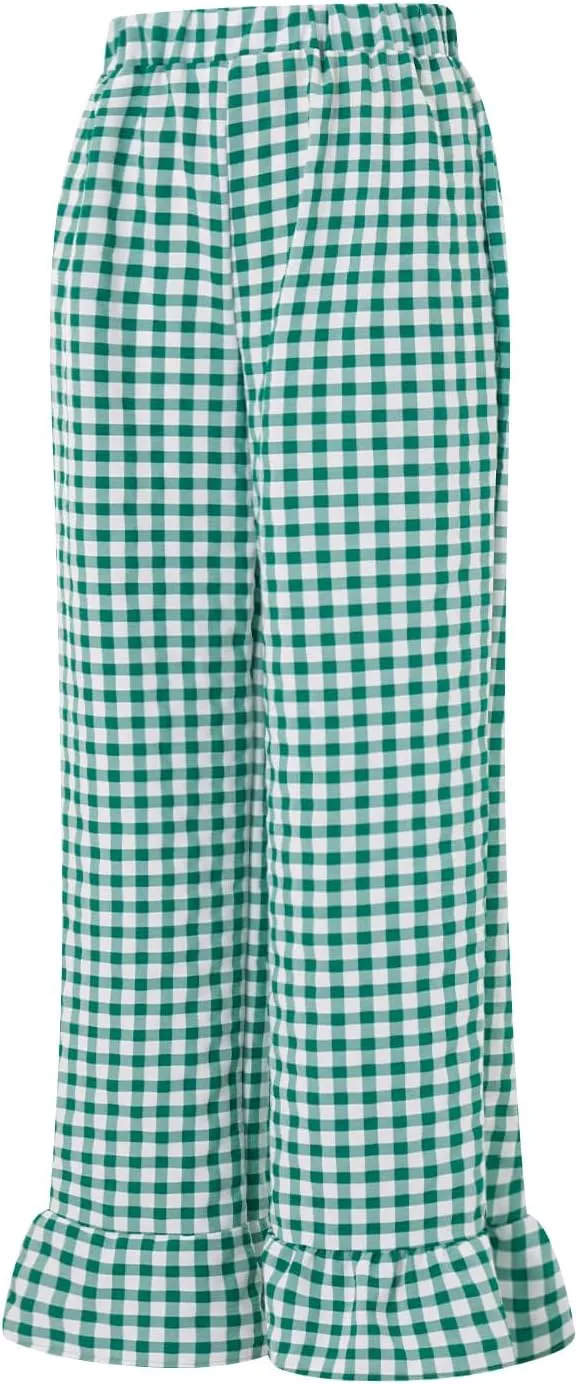 Women Elastic Waist Ruffled Plaid Pants Casual High Waist Flare Leg Gingham Trousers Y2k Loose Wide Leg Lounge Pants