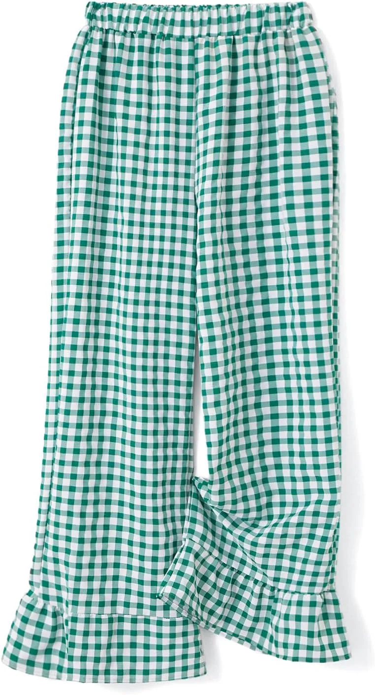Women Elastic Waist Ruffled Plaid Pants Casual High Waist Flare Leg Gingham Trousers Y2k Loose Wide Leg Lounge Pants