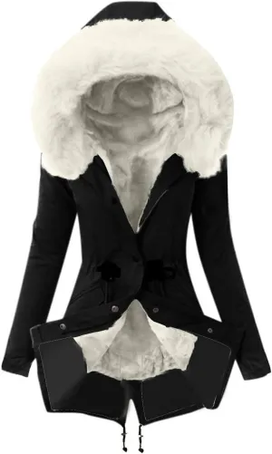 Women Faux Leather Trench Coat Fleece-Lined Mid-Length Jacket Winter Outwear Thicken Jackets with Hood