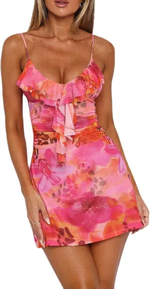 Women Floral Bodycon Mini Dress Y2K Flower Print Cami Dress Spaghetti Strap Going Out Dresses Summer Beachwear