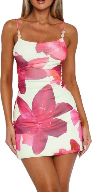 Women Floral Bodycon Mini Dress Y2K Flower Print Cami Dress Spaghetti Strap Going Out Dresses Summer Beachwear