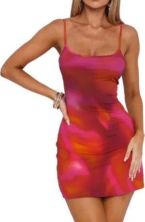 Women Floral Bodycon Mini Dress Y2K Flower Print Cami Dress Spaghetti Strap Going Out Dresses Summer Beachwear