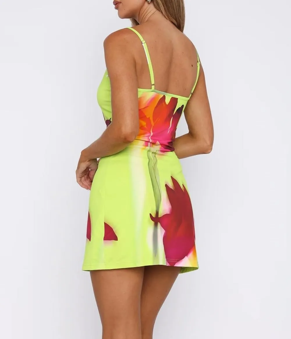 Women Floral Bodycon Mini Dress Y2K Flower Print Cami Dress Spaghetti Strap Going Out Dresses Summer Beachwear