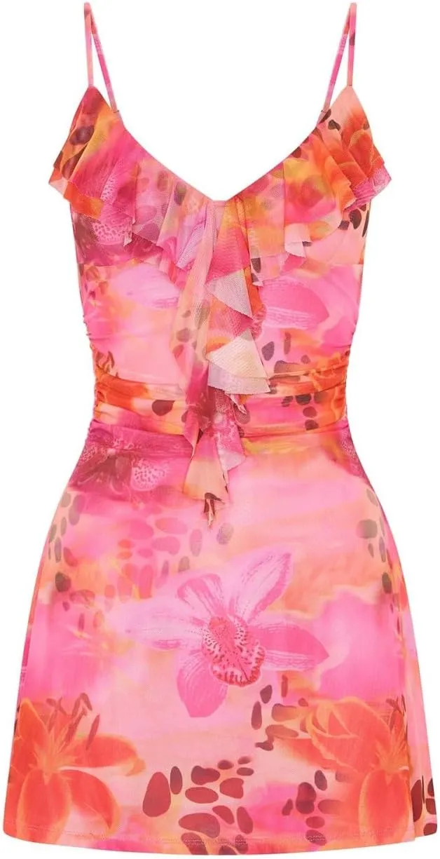 Women Floral Bodycon Mini Dress Y2K Flower Print Cami Dress Spaghetti Strap Going Out Dresses Summer Beachwear