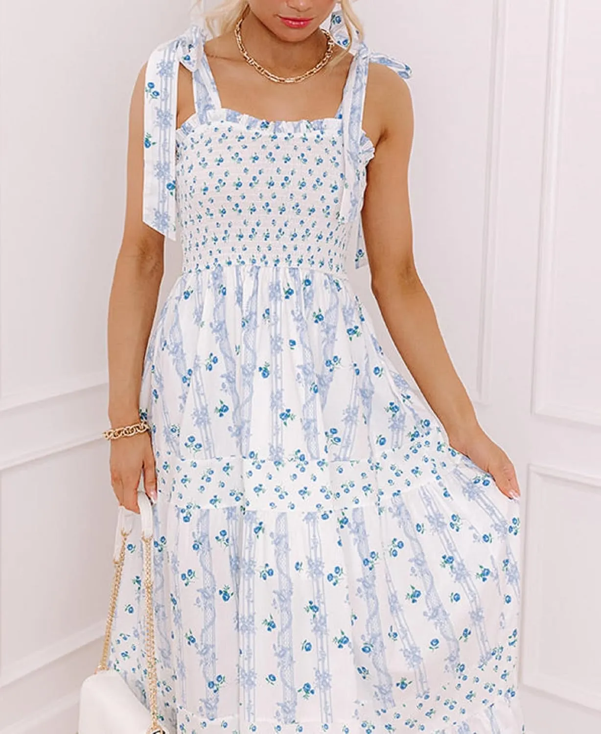 Women Floral Long Dress Boho Tie Shoulder Flowy Sundress Sleeveless Backless Maxi Dress Summer Holiday Beachwear