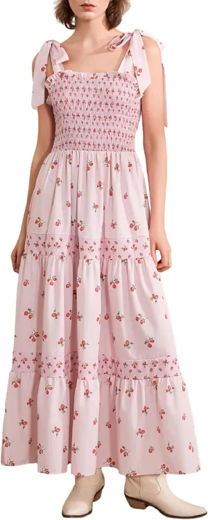 Women Floral Long Dress Boho Tie Shoulder Flowy Sundress Sleeveless Backless Maxi Dress Summer Holiday Beachwear