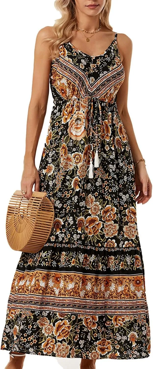 Women Floral Strap Long Dress Boho Graffiti Ruffle Backless Cami Dress Flowy Sleeveless Maxi Summer Beachwear
