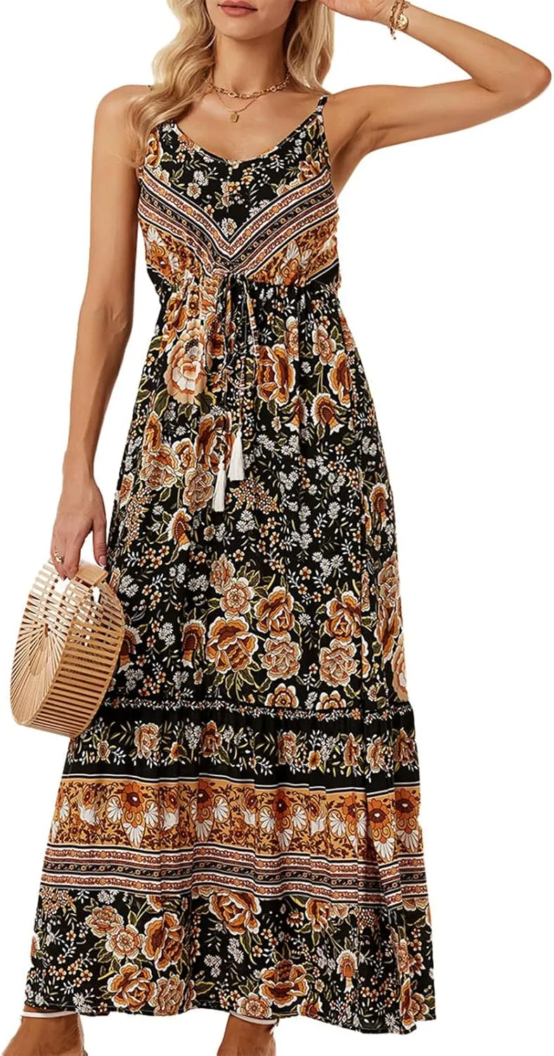 Women Floral Strap Long Dress Boho Graffiti Ruffle Backless Cami Dress Flowy Sleeveless Maxi Summer Beachwear