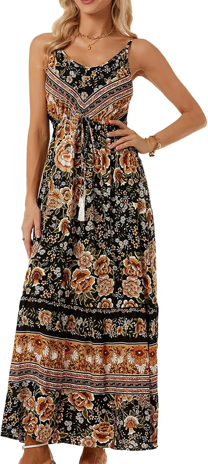 Women Floral Strap Long Dress Boho Graffiti Ruffle Backless Cami Dress Flowy Sleeveless Maxi Summer Beachwear