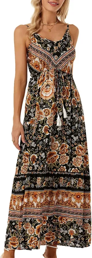 Women Floral Strap Long Dress Boho Graffiti Ruffle Backless Cami Dress Flowy Sleeveless Maxi Summer Beachwear