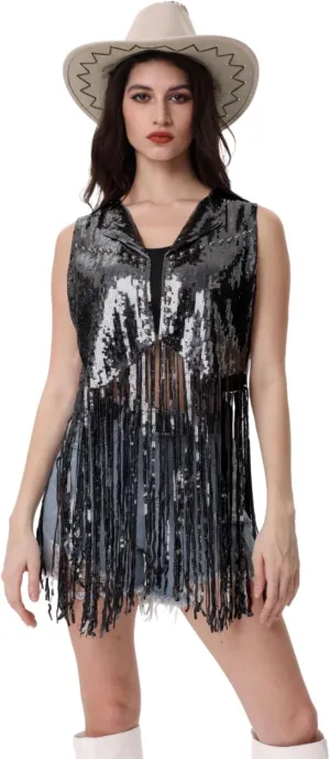 Women Fringe Sequin Waistcoat - Tassel Jacket 70s Hippie Sparkly Cardigan Rivet Sleeveless Open Front Vest