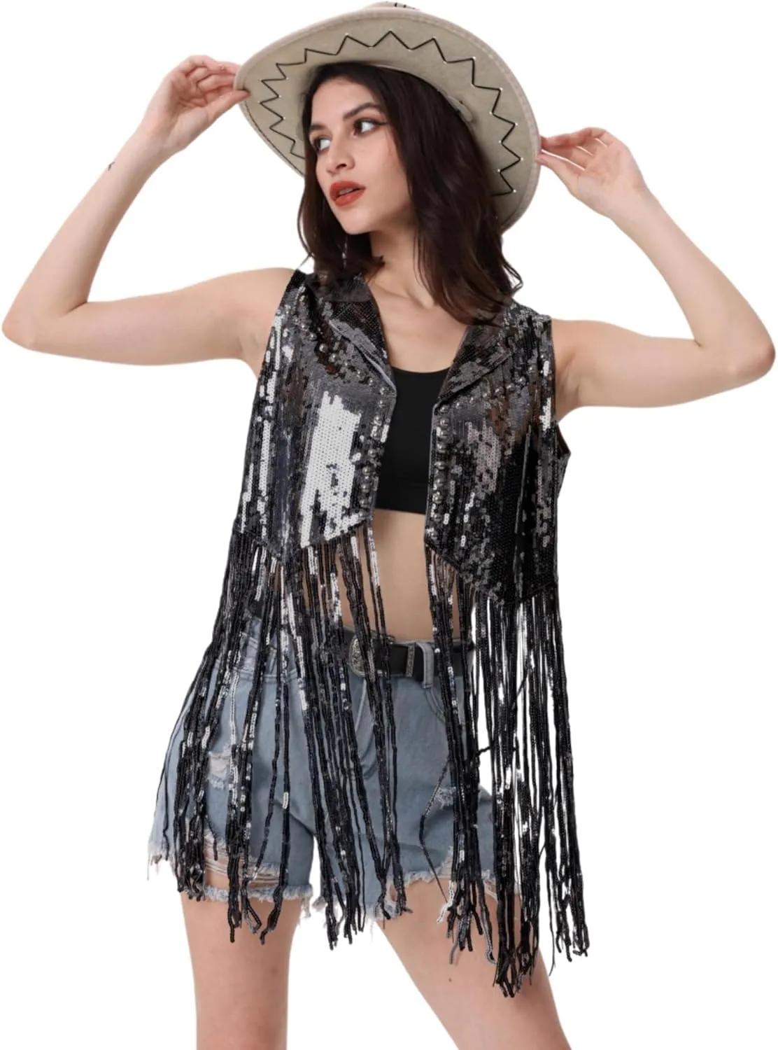 Women Fringe Sequin Waistcoat - Tassel Jacket 70s Hippie Sparkly Cardigan Rivet Sleeveless Open Front Vest