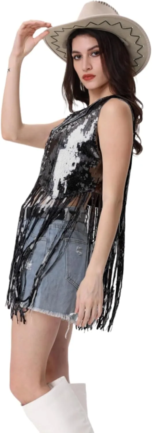 Women Fringe Sequin Waistcoat - Tassel Jacket 70s Hippie Sparkly Cardigan Rivet Sleeveless Open Front Vest