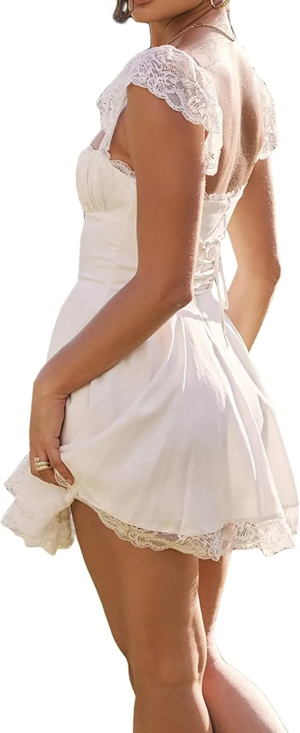 Women Lace Short Bodycon Dresses Spaghetti Strap Low Cut Ruffle A-Line Mini Dress Backless Short Sundress Y2K Clubwear