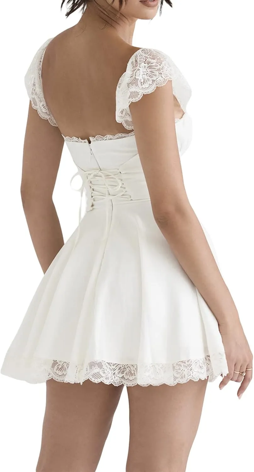 Women Lace Short Bodycon Dresses Spaghetti Strap Low Cut Ruffle A-Line Mini Dress Backless Short Sundress Y2K Clubwear