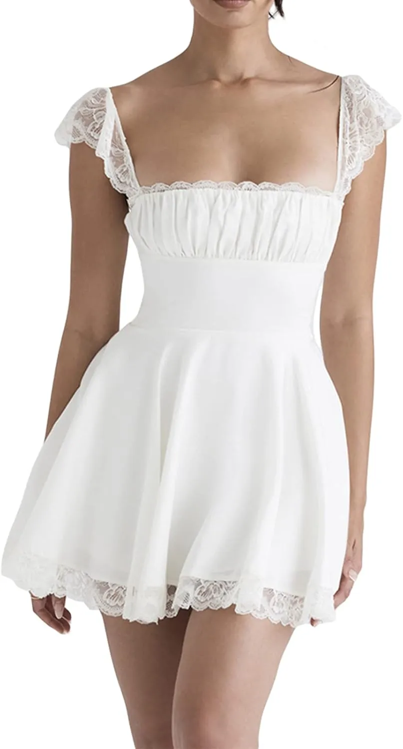 Women Lace Short Bodycon Dresses Spaghetti Strap Low Cut Ruffle A-Line Mini Dress Backless Short Sundress Y2K Clubwear