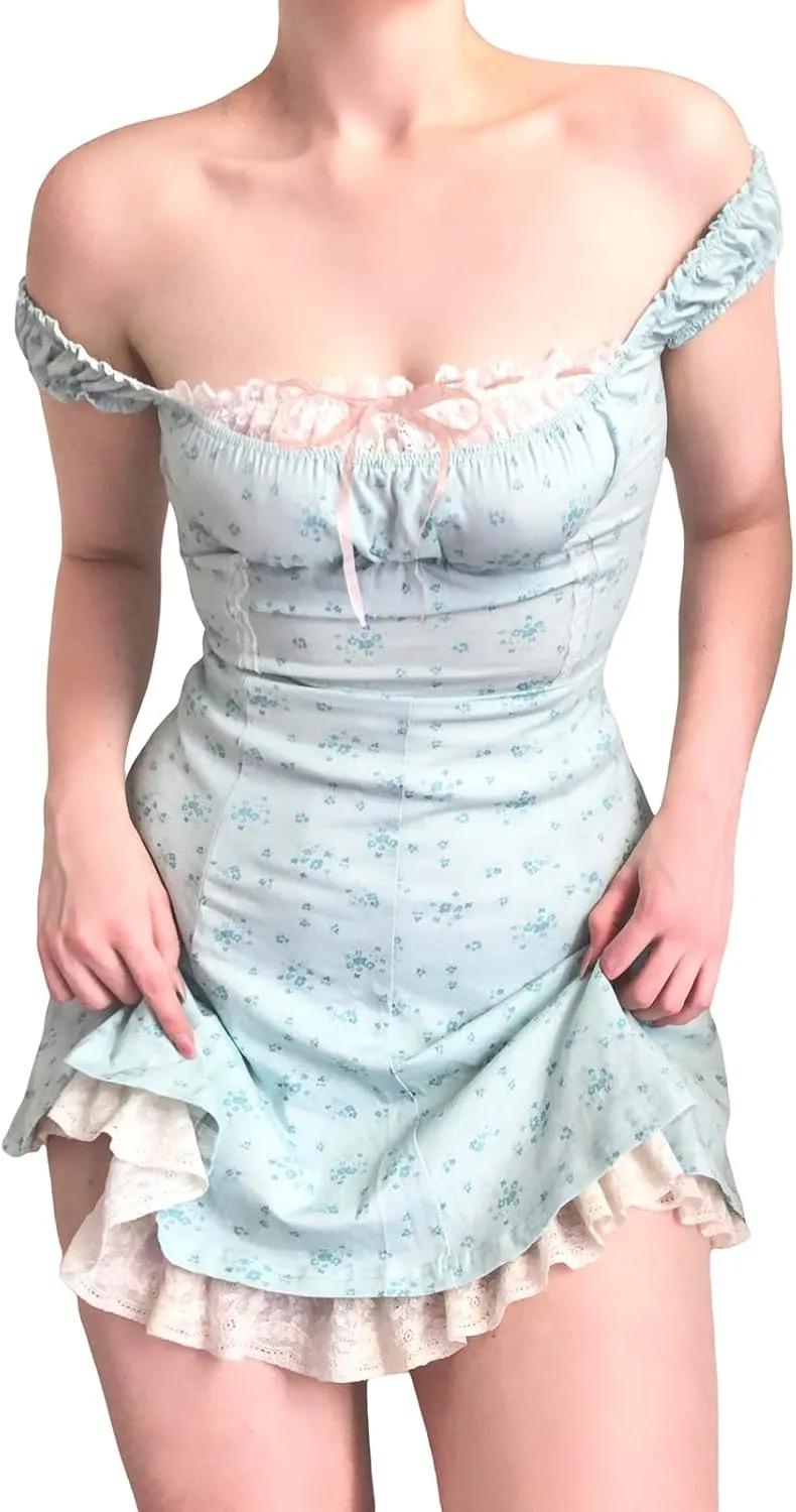 Women Lace Short Bodycon Dresses Spaghetti Strap Low Cut Ruffle A-Line Mini Dress Backless Short Sundress Y2K Clubwear