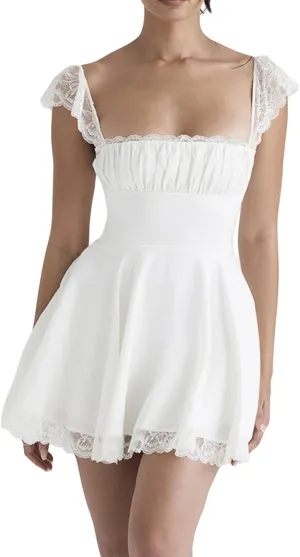 Women Lace Short Bodycon Dresses Spaghetti Strap Low Cut Ruffle A-Line Mini Dress Backless Short Sundress Y2K Clubwear