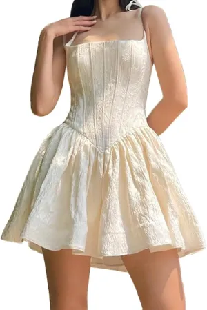 Women Lace Short Bodycon Dresses Spaghetti Strap Low Cut Ruffle A-Line Mini Dress Backless Short Sundress Y2K Clubwear